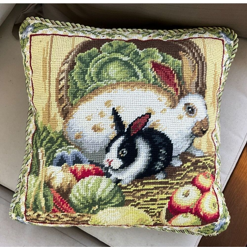 Cottagecore vintage rabbit needlepoint pillow velvet back; 1 of 2 beautiful
